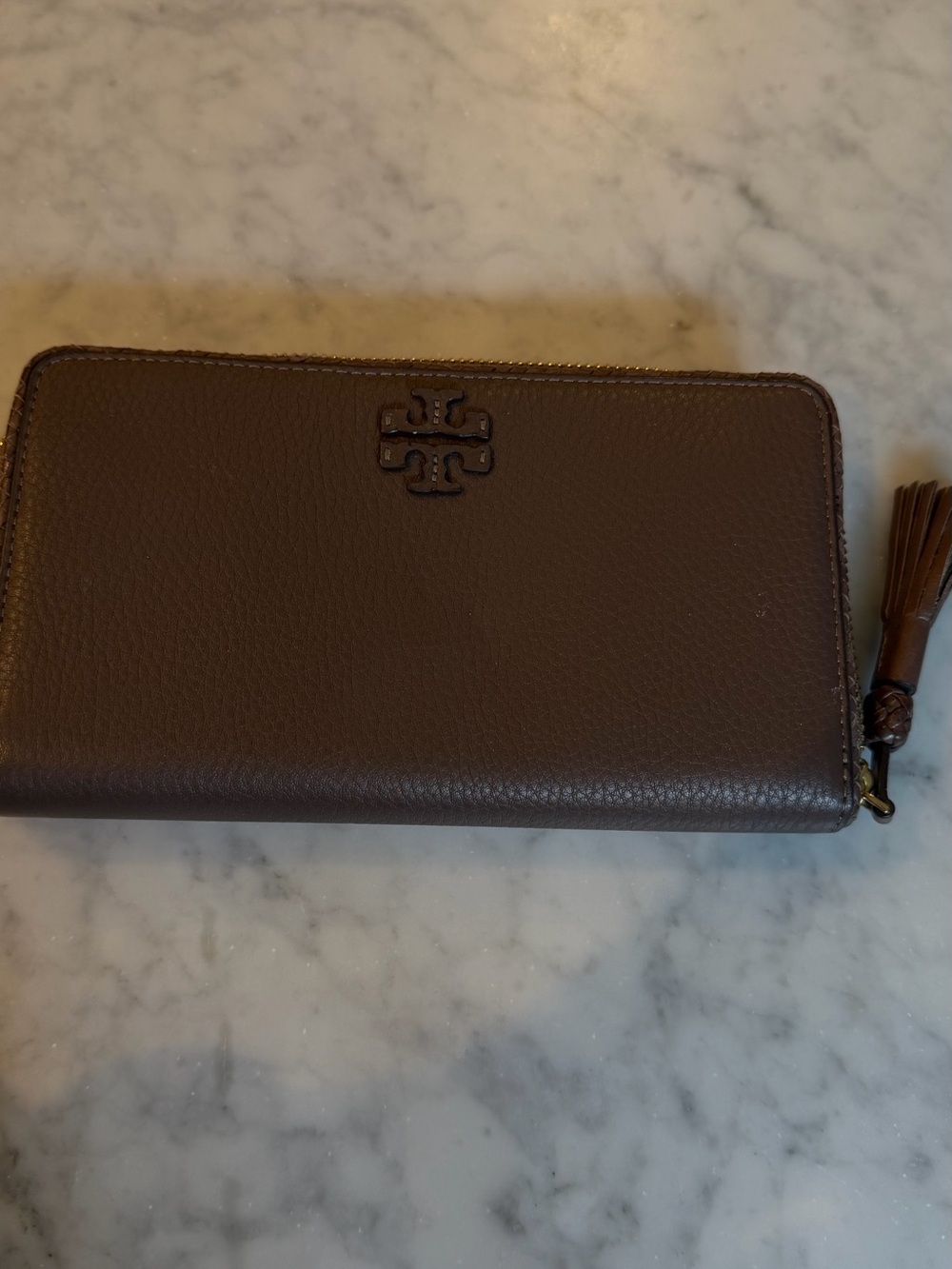 Tory Burch Dark Brown Leather Zip Wallet with Tassel